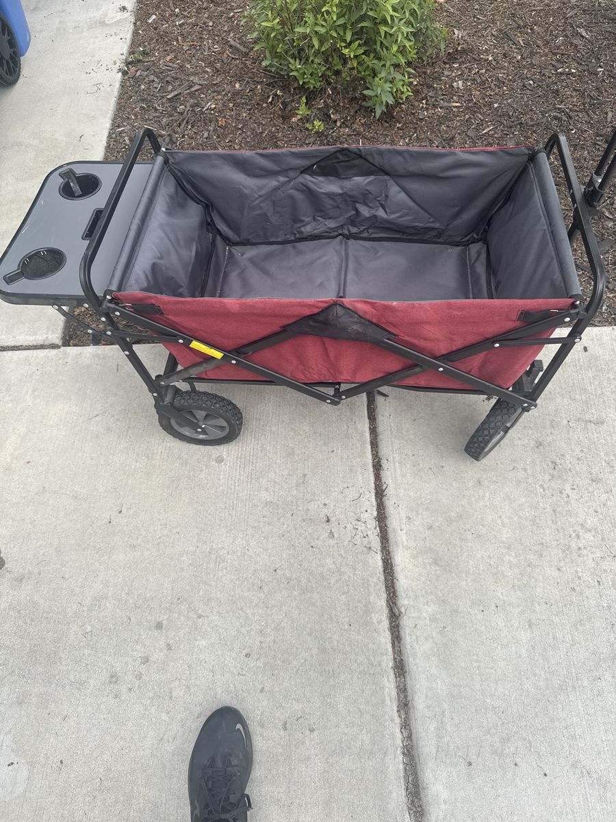 Folding Collapsible Outdoor Utility Wagon with Table, Drink Holders - Red/Gray, Excellent Condition