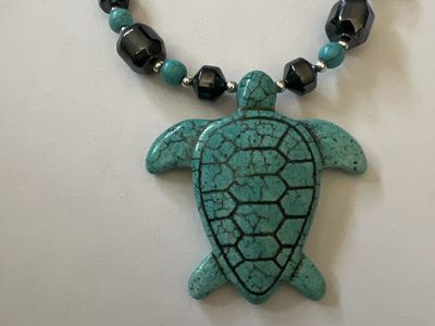 Turquoise Turtle Pendant Necklace - Hematite & Turquoise Beads