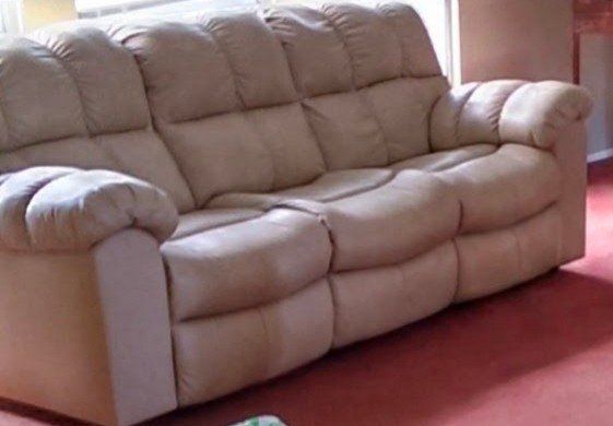 Beige Leather Reclining Sofa Couch