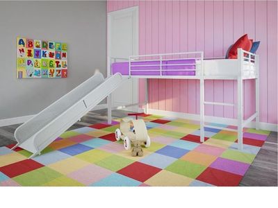 White Metal Twin Loft Bed with Slide and Ladder