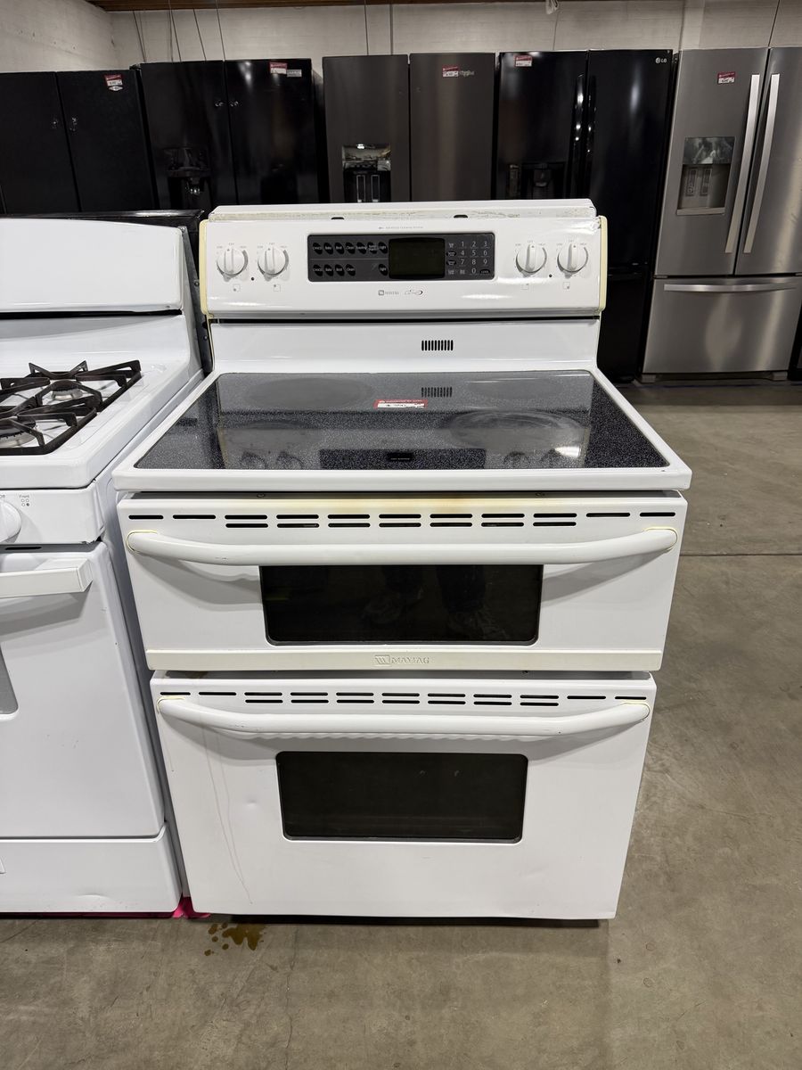 Maytag Electric Double Oven Range White Glass Cooktop