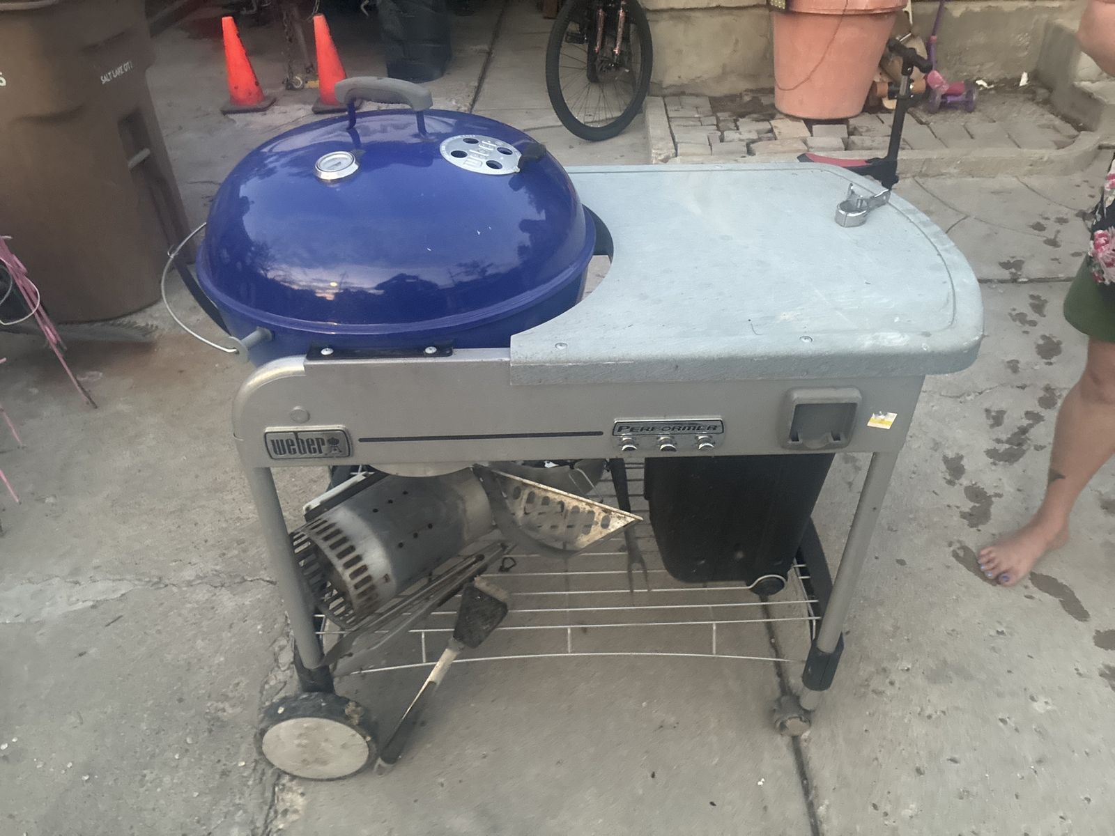 Weber Performer Charcoal Grill - Blue Kettle with Side Table & Storage