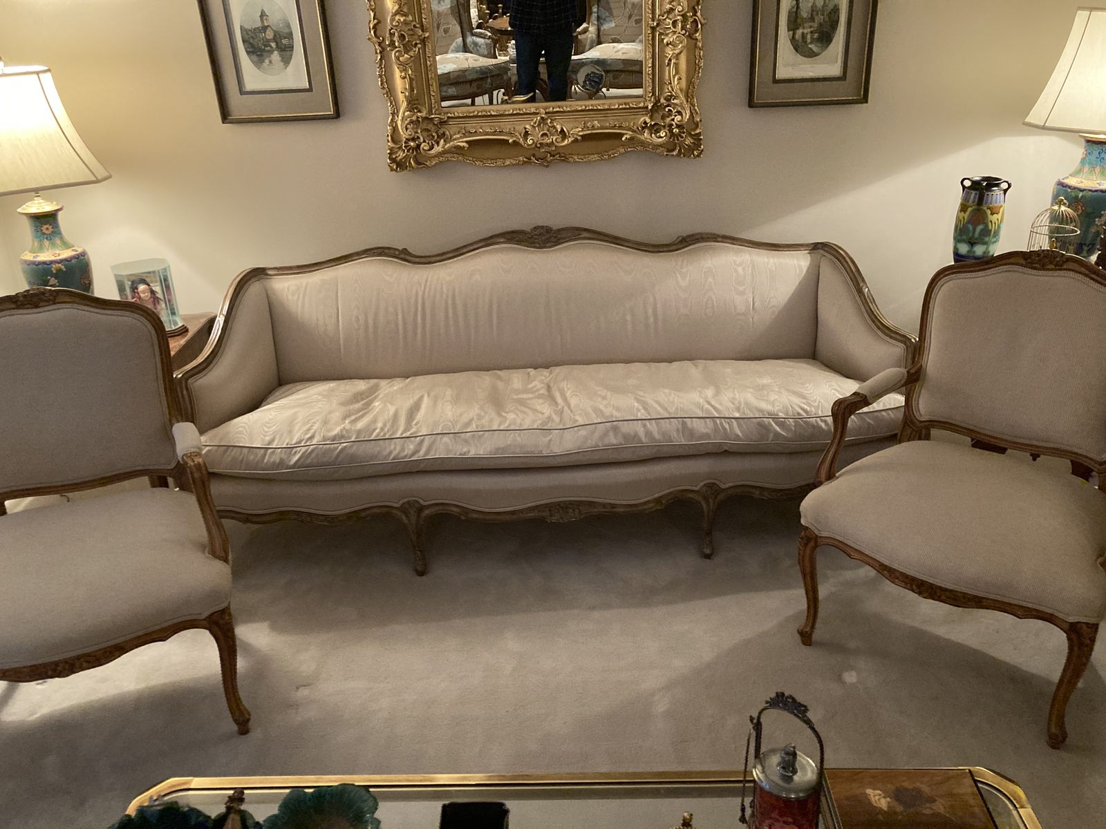 Louis XV Style silk sofa and side chairs