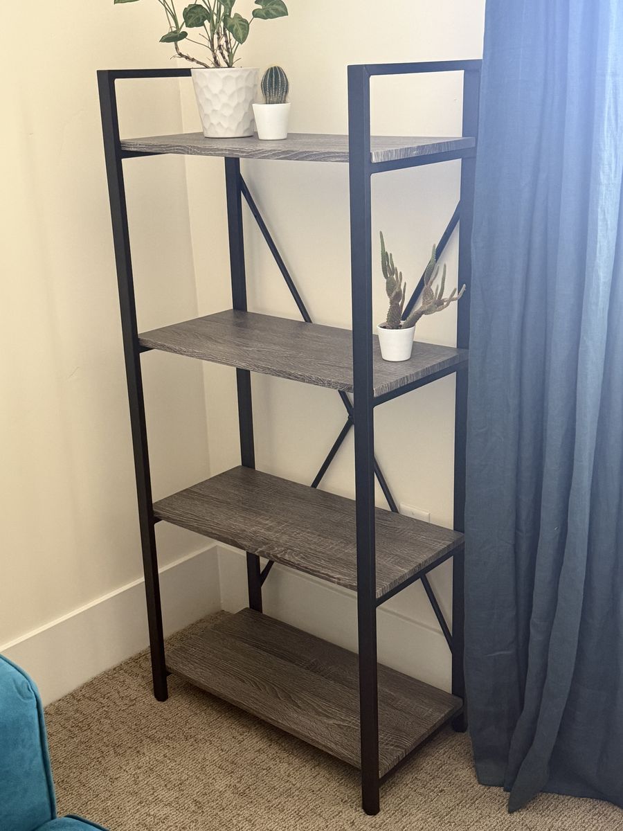 4-Tier Industrial Bookshelf (black metal + grey wood)