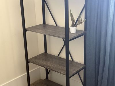 4-Tier Industrial Bookshelf (black metal + grey wood)