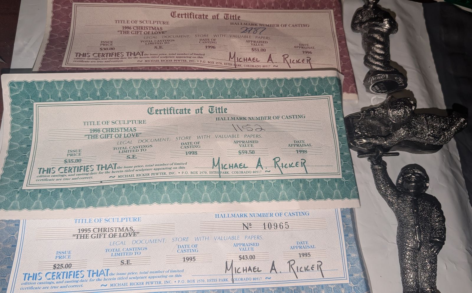 Lot of 3 Christmas "The Gift Of Love" Collection by Michael Ricker Pewter Figurines Lot of 3