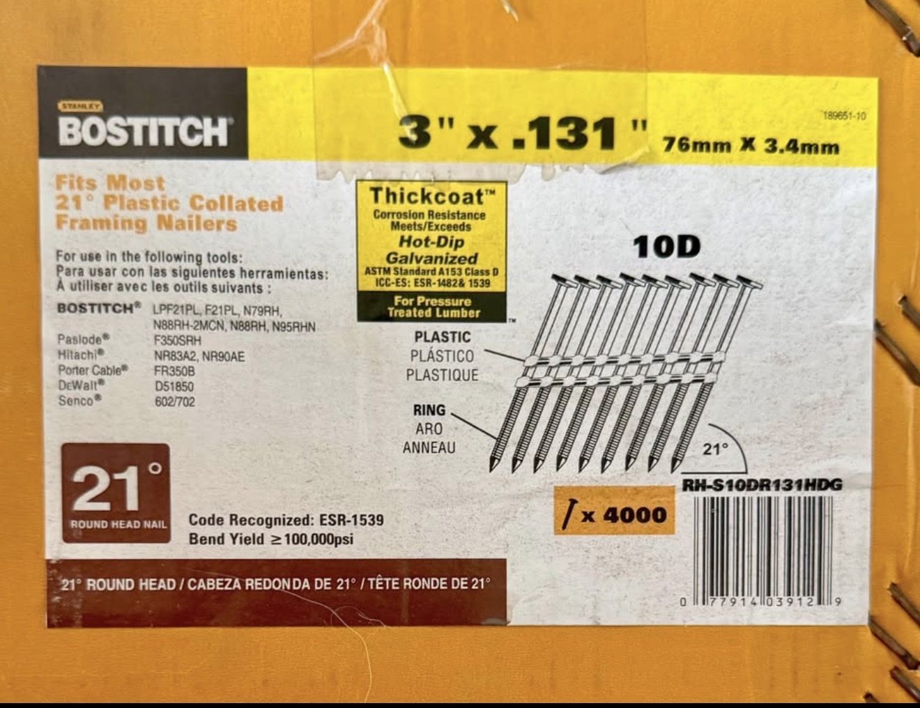 Bostitch 3" x .131" 21-Degree Plastic Collated Framing Nails 4000ct