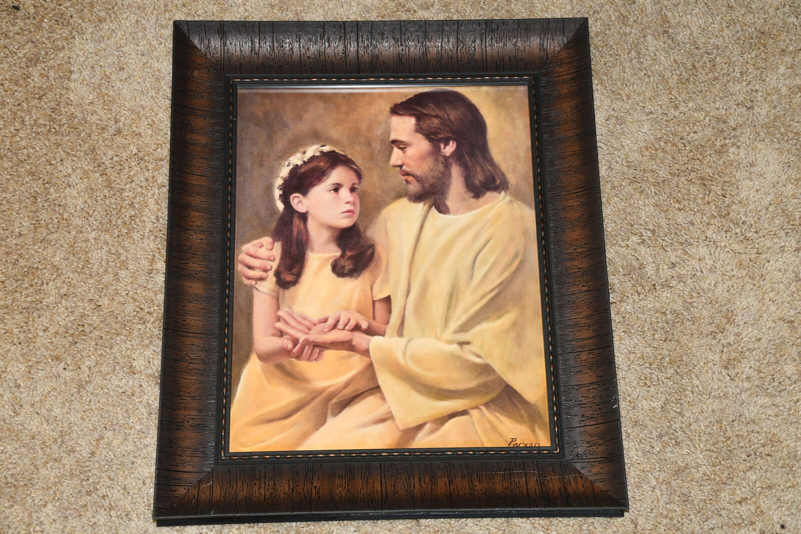 "IN HIS HANDS" JESUS & LITTLE GIRL PICTURE ~ DEL PARSON ~ 15" x 18" FRAMED
