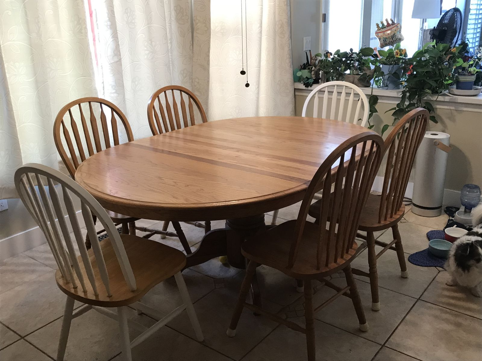 Solid Oak Kitchen Dining Table Set 48" x 70" Oval Pedestal Table with 6 Windsor Chairs