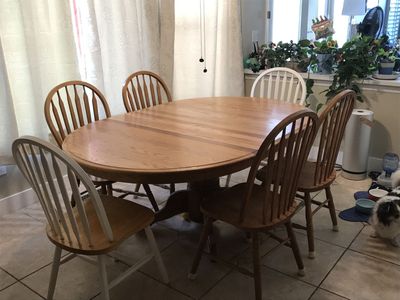 Solid Oak Kitchen Dining Table Set 48" x 70" Oval Pedestal Table with 6 Windsor Chairs