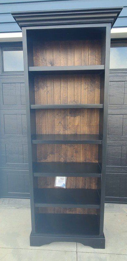 Tall Black Wooden Bookcase with Rustic Wood Backing & Crown Molding