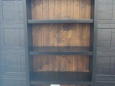 Tall Black Wooden Bookcase with Rustic Wood Backing & Crown Molding