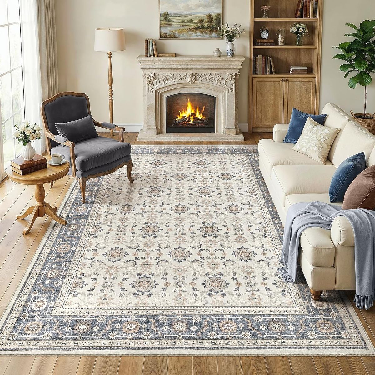 NEW 10x14 Area Rugs for Living Room: Non-Slip Washable Vintage Floral Blue Beige Vintage