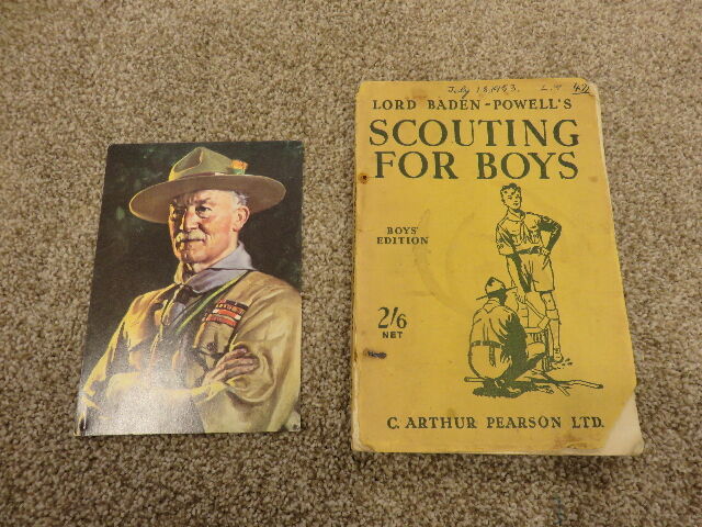 A GREAT ANTIQUE BOY SCOUT ITEM - 1953 "SCOUTING FOR BOYS" BY LORD BADEN-POWELL WITH ORIGINAL PHOTO
