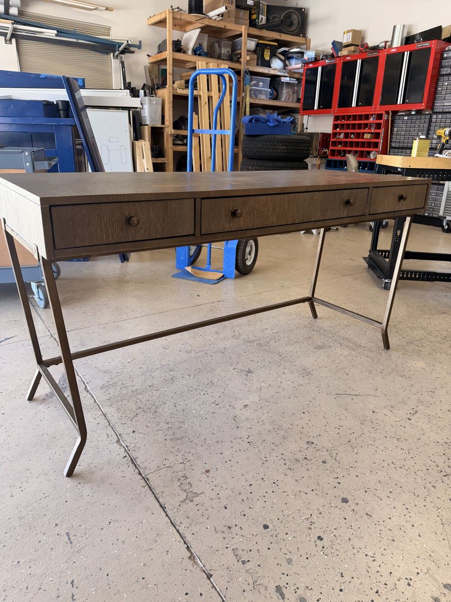 Universal Furniture Writing Desk - 58" Brown Wood-Grain Top, Dark Bronze Metal Frame, 3 Dovetail Drawers