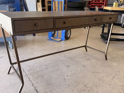 Universal Furniture Writing Desk - 58" Brown Wood-Grain Top, Dark Bronze Metal Frame, 3 Dovetail Drawers