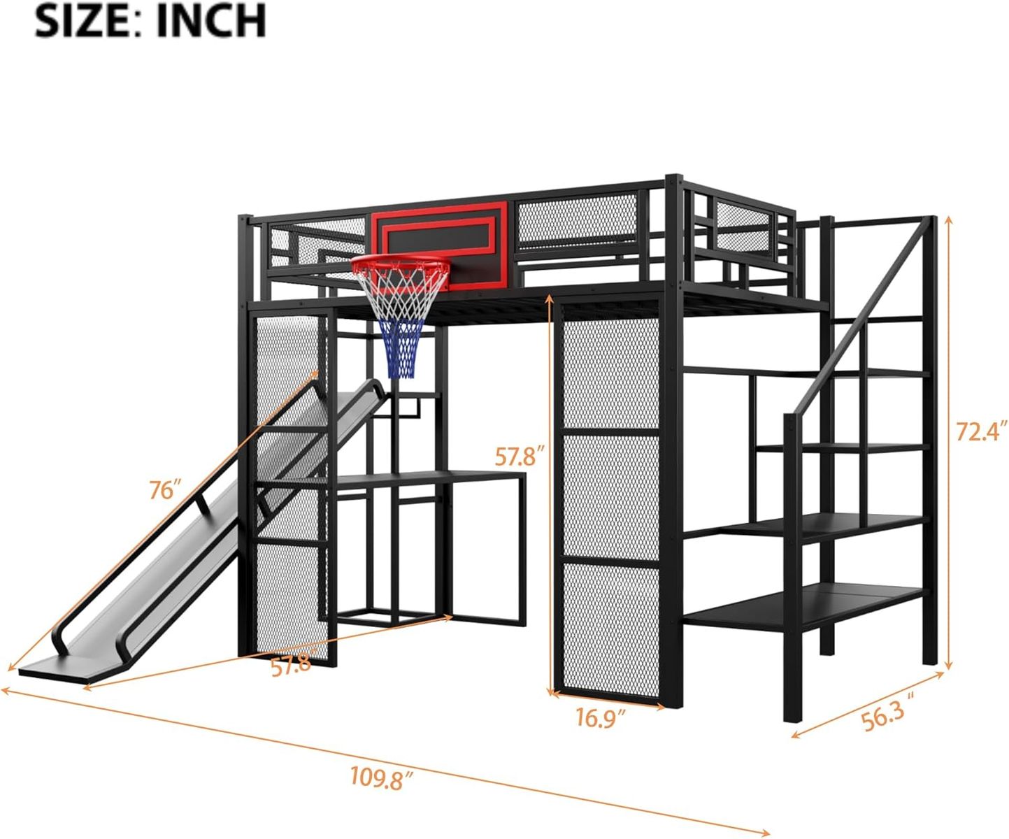 Heavy Duty Bunkbed with Slide and Basketball Hoop