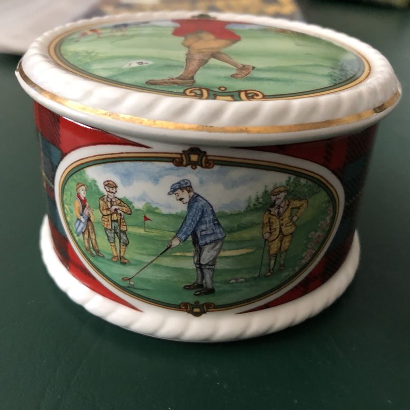 Vintage Scottish Golf Scenes Round Ceramic Porcelain Box with Lid Made in England by Sadler