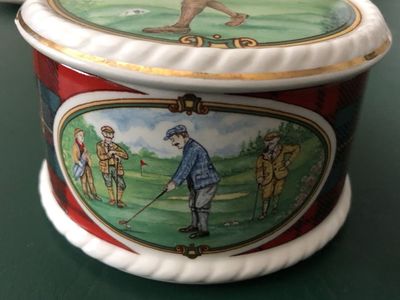 Vintage Scottish Golf Scenes Round Ceramic Porcelain Box with Lid Made in England by Sadler