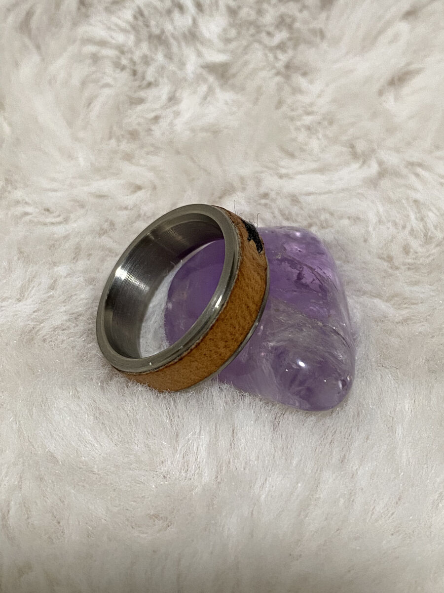 Unisex Unique Titanium & Leather Ring Size 6.5