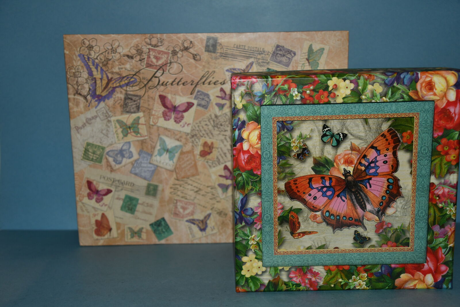 2 "BUTTERFLY" STORAGE & ORGANIZING BOXES ~ 8" x 8" x 5" & 10" x 12" x 3" ~ CLEAN ~ BOTH FOR $5