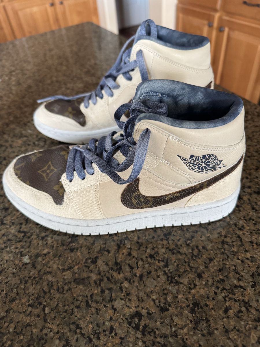 Custom Louis Vuitton x Nike Air Jordan 1 Mid Beige/Brown Sneakers -Size 7.5