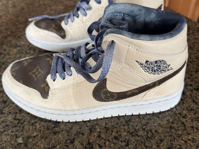 Custom Louis Vuitton x Nike Air Jordan 1 Mid Beige/Brown Sneakers -Size 7.5