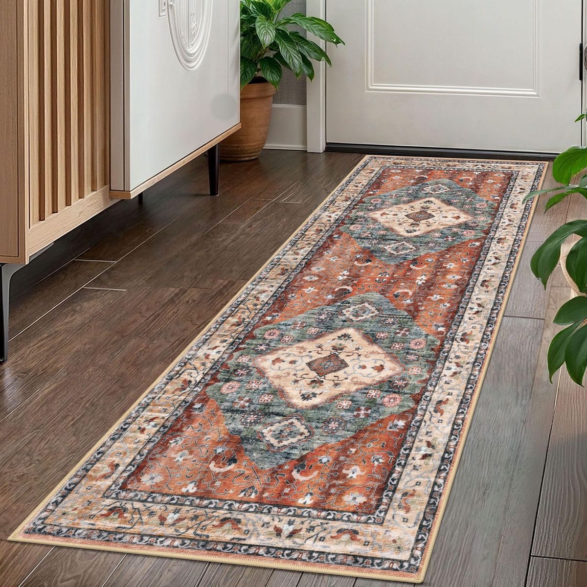 New! Runners for Hallways 2x5 Ft Washable Kitchen Runner Rug Boho Runner Rug for Entryway Indoor Rust/Orange/Blue Printe