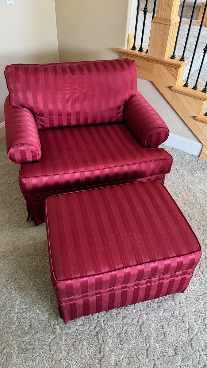 Custom-made Sofa Source chair and ottoman — excellent condition — exceptionally comfortable and well constructed
