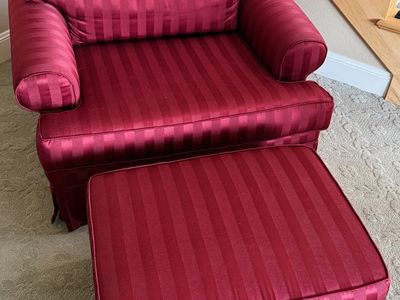 Custom-made Sofa Source chair and ottoman — excellent condition — exceptionally comfortable and well constructed