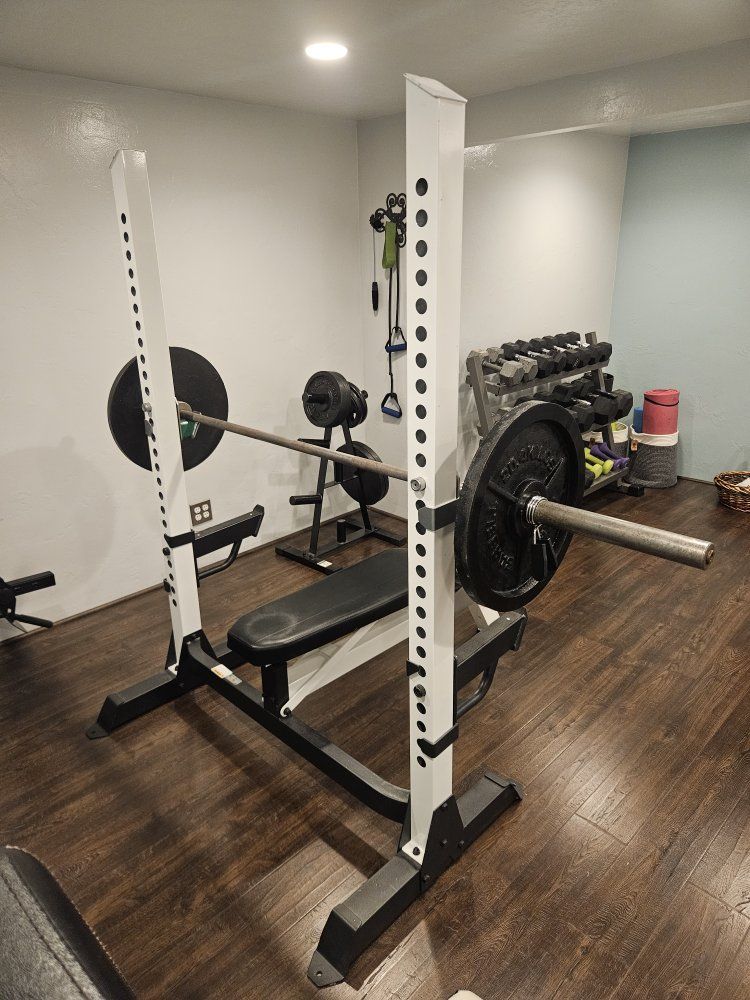 Bench Press Rack with Weight Bench, Barbell, and Plate Tree