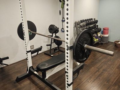 Bench Press Rack with Weight Bench, Barbell, and Plate Tree