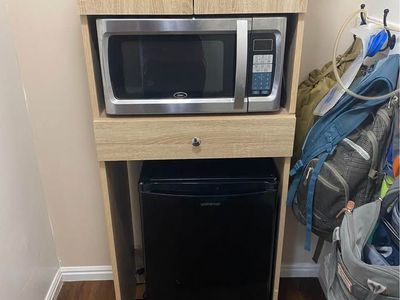 Oster Microwave & Upstreman Mini-Fridge Combo with Cabinet