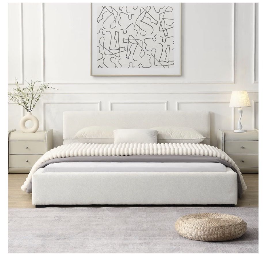 White/ Cream Fabric Upholstered Platform Bed Frame with Slats - Queen Size