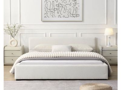 White/ Cream Fabric Upholstered Platform Bed Frame with Slats - Queen Size
