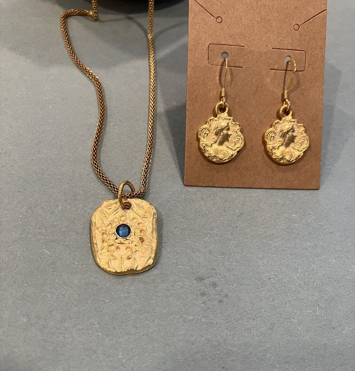 Gold and Blue Rhinestone Pendant Necklace & Gold Earrings