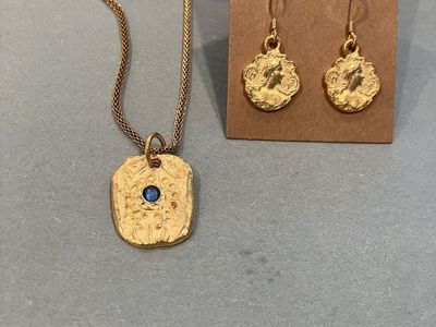 Gold and Blue Rhinestone Pendant Necklace & Gold Earrings