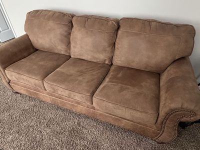 Brown Suede Sofa, Loveseat and Recliner Set with Nailhead Trim