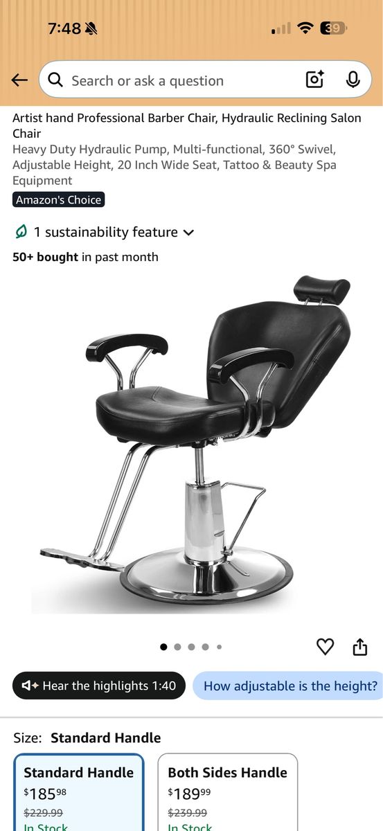 Artist Hand Professional Barber Chair - Black Hydraulic Reclining Salon Chair