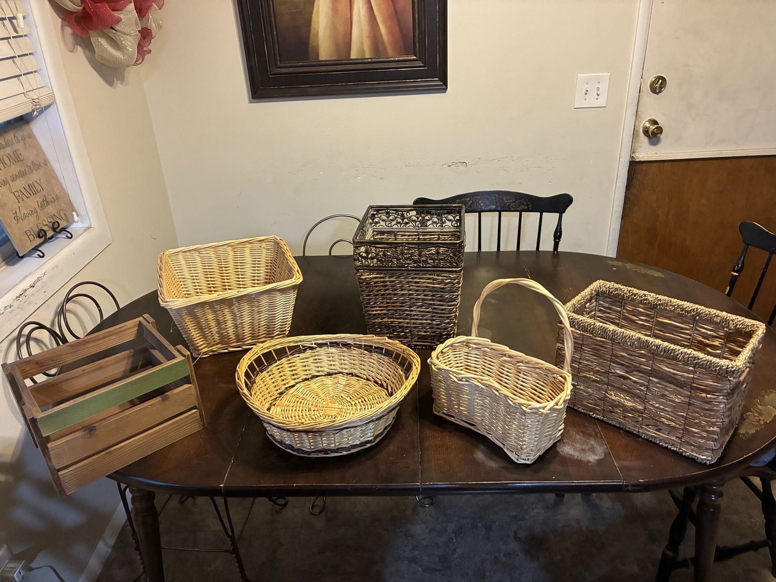 Assorted Woven Baskets and Wooden Crate Storage Lot - 6 Pieces