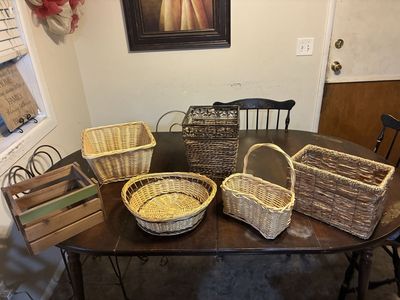 Assorted Woven Baskets and Wooden Crate Storage Lot - 6 Pieces