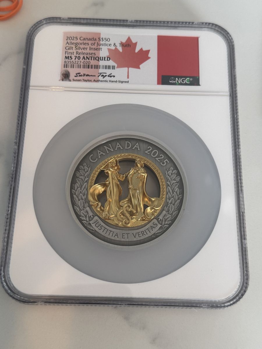 2025 Canada 5 oz Silver Allegories of Justice & Truth NGC MS70 Antiqed FR Signed