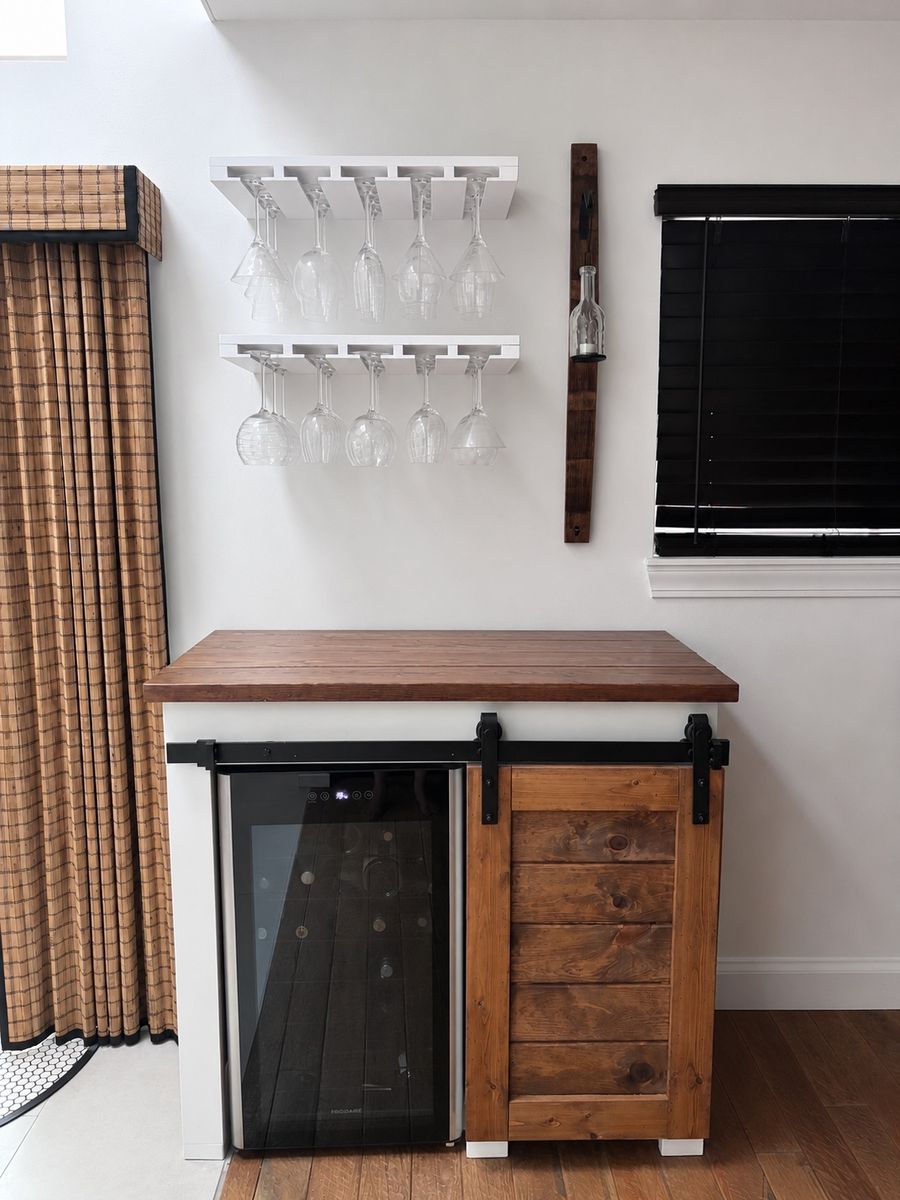 Custom Farmhouse Style Mini Bar with Wine Fridge