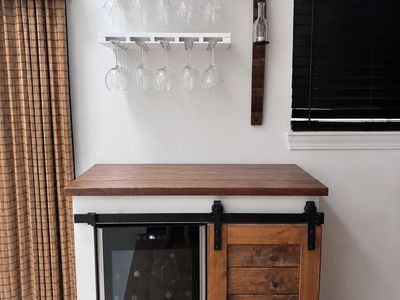 Custom Farmhouse Style Mini Bar with Wine Fridge