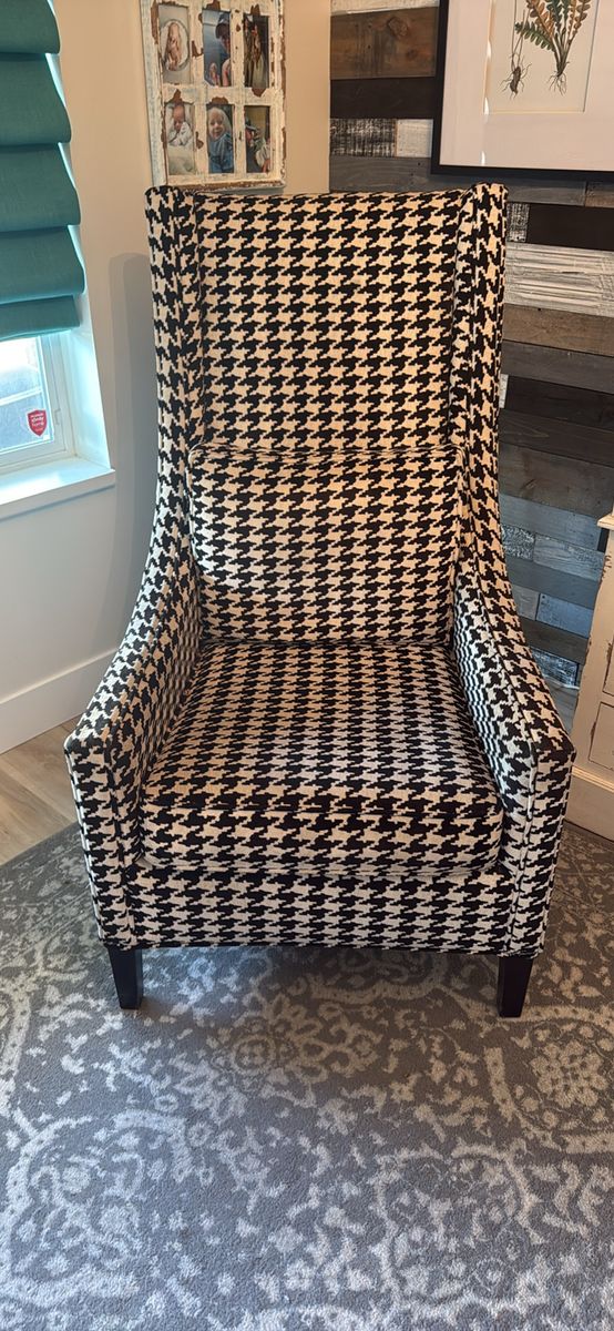 Custom Houndstooth Wingback Accent Chair - Black & White Patterned Upholstered Armchair
