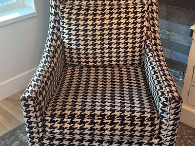 Custom Houndstooth Wingback Accent Chair - Black & White Patterned Upholstered Armchair