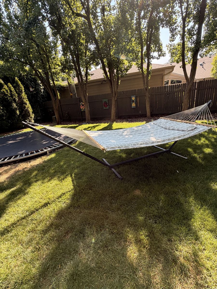 Outdoor Fabric Hammock with Metal Stand and Pillow - Used
