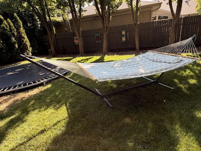 Outdoor Fabric Hammock with Metal Stand and Pillow - Used