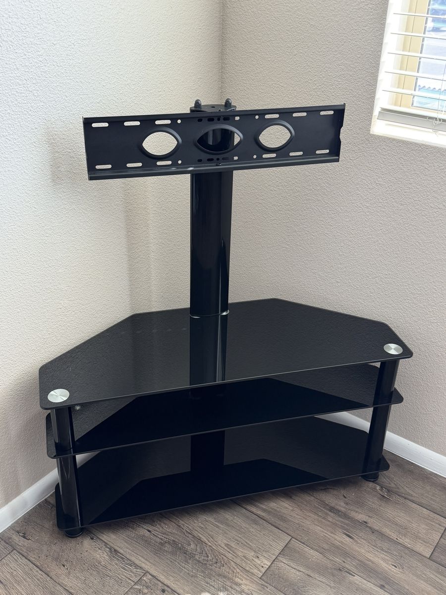 Corner TV Stand with Universal Swivel TV Mount – Black Glass Entertainment Center
