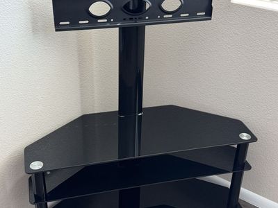 Corner TV Stand with Universal Swivel TV Mount – Black Glass Entertainment Center